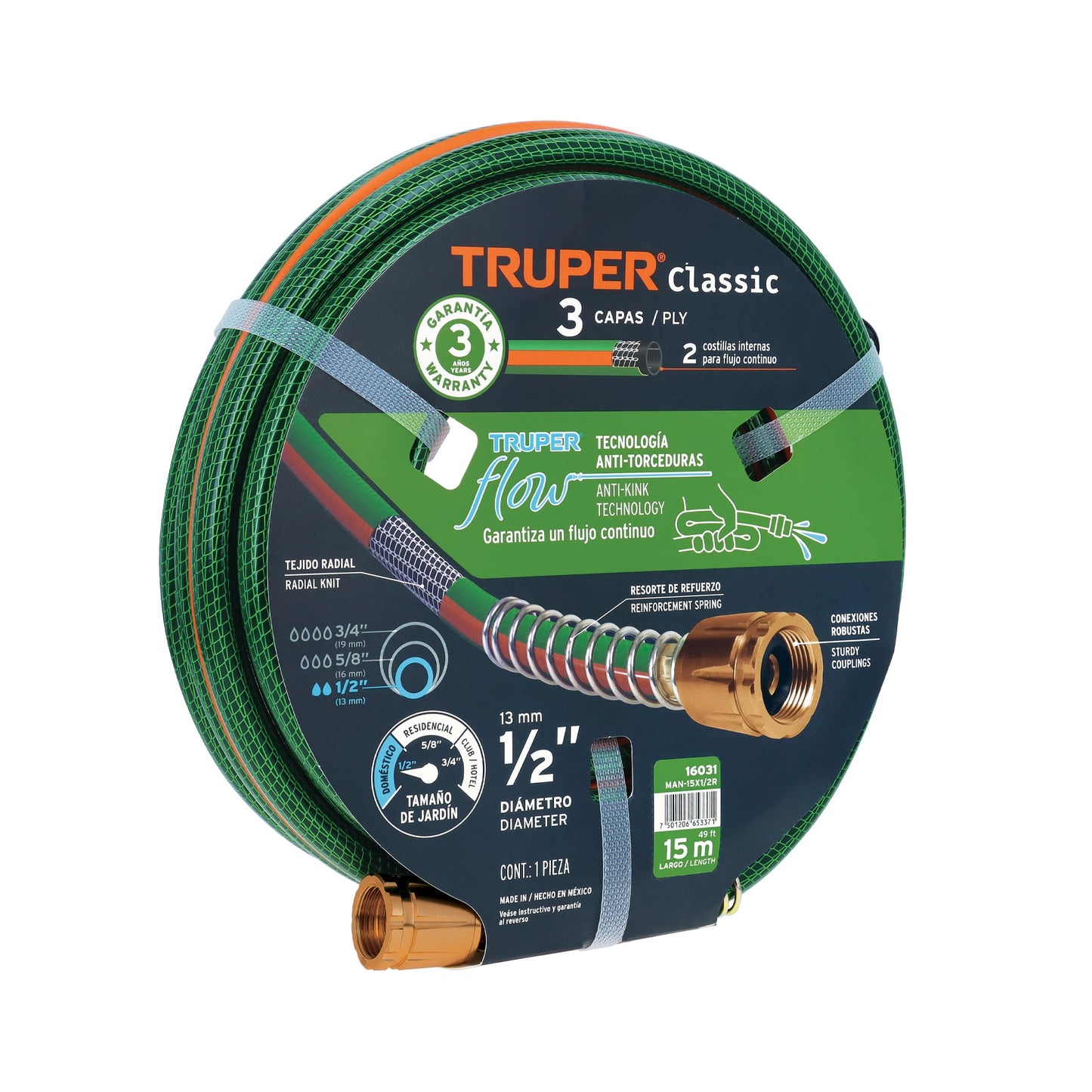 Manguera 1/2" reforzada 3 capas 15 m conexiones de metal