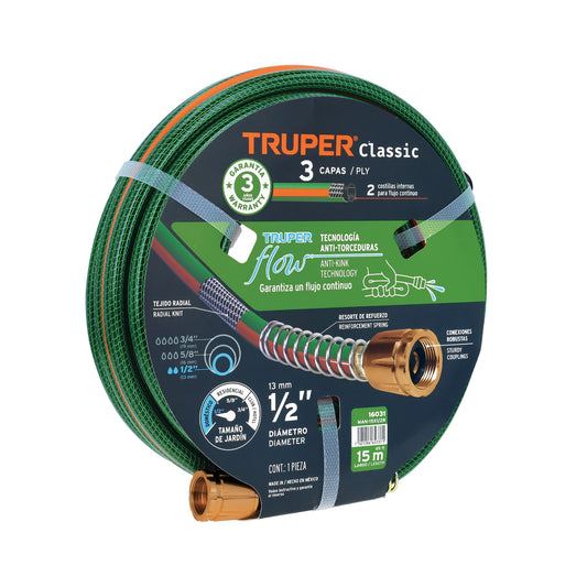 Manguera 1/2" reforzada 3 capas 15 m conexiones de metal