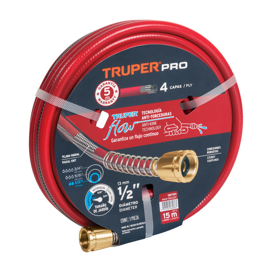 Manguera 1/2" super reforzada 4 capas 15 m conexiones metal