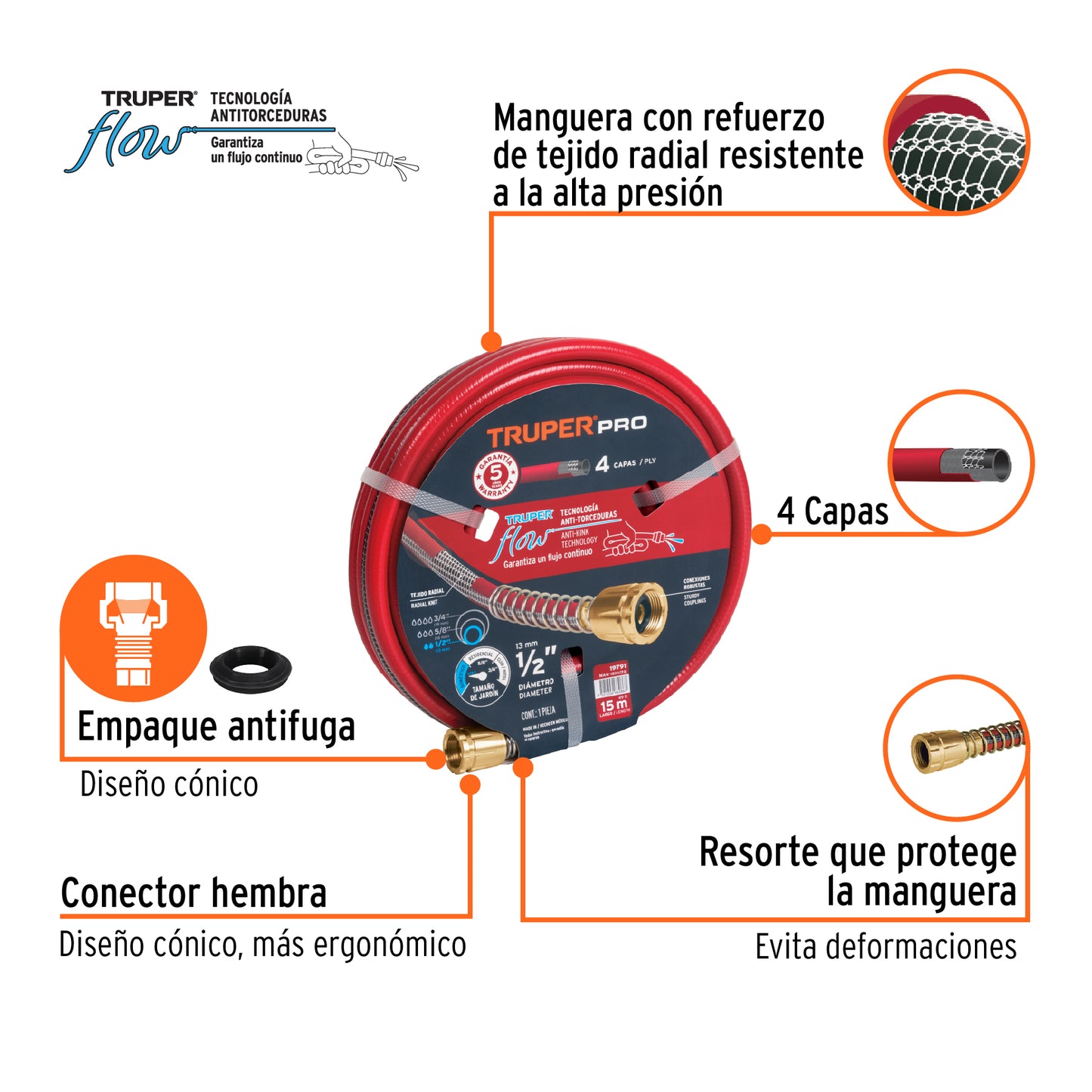 Manguera 1/2" super reforzada 4 capas 15 m conexiones metal