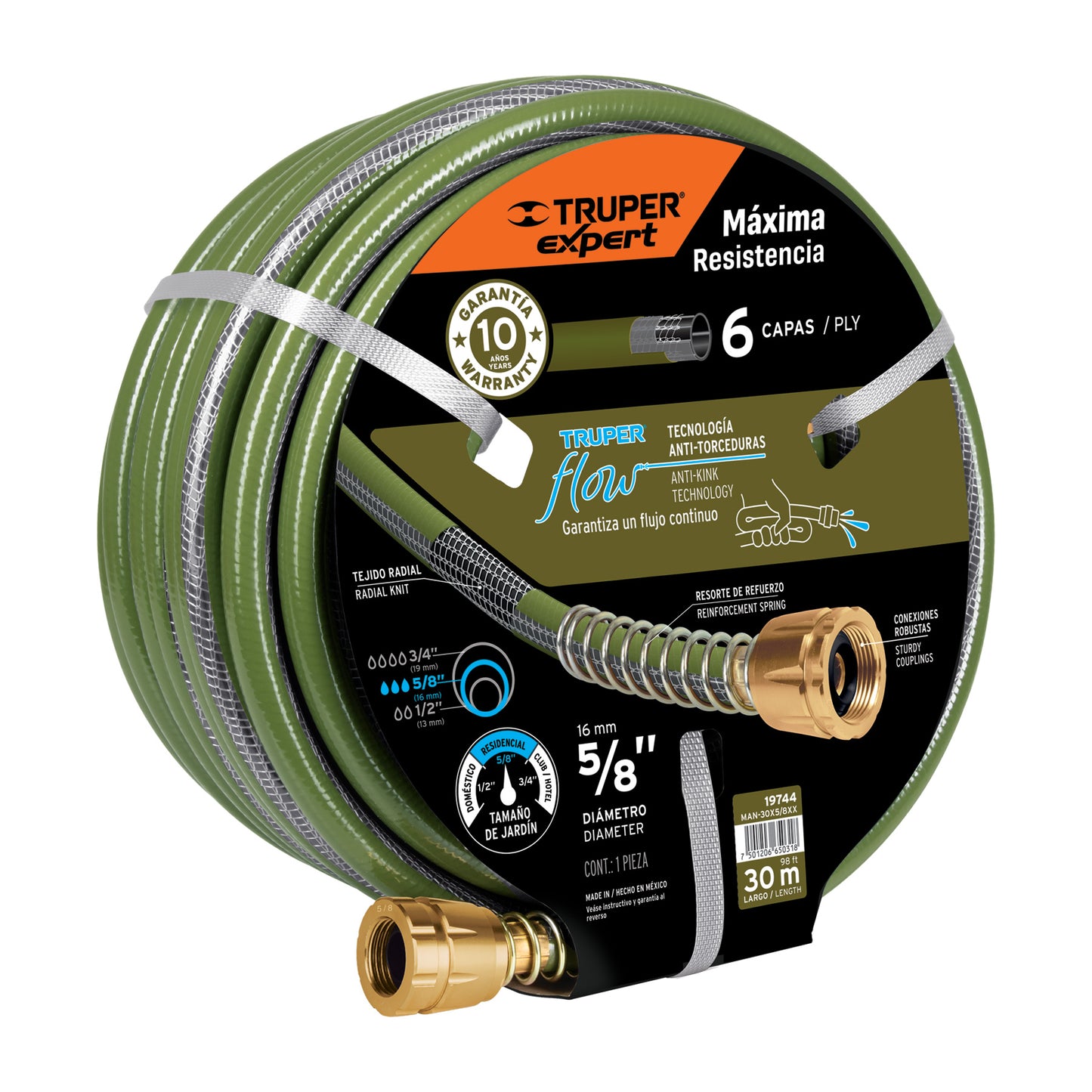 Manguera 5/8" anti-torceduras 6 capas 30m conexiones d/metal