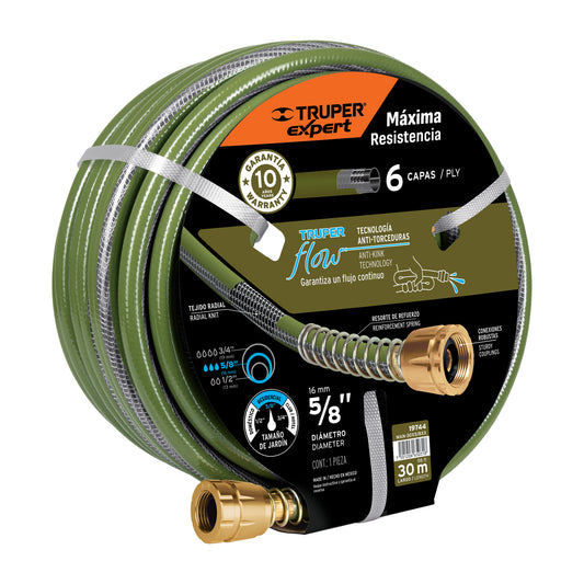 Manguera 5/8" anti-torceduras 6 capas 30m conexiones d/metal