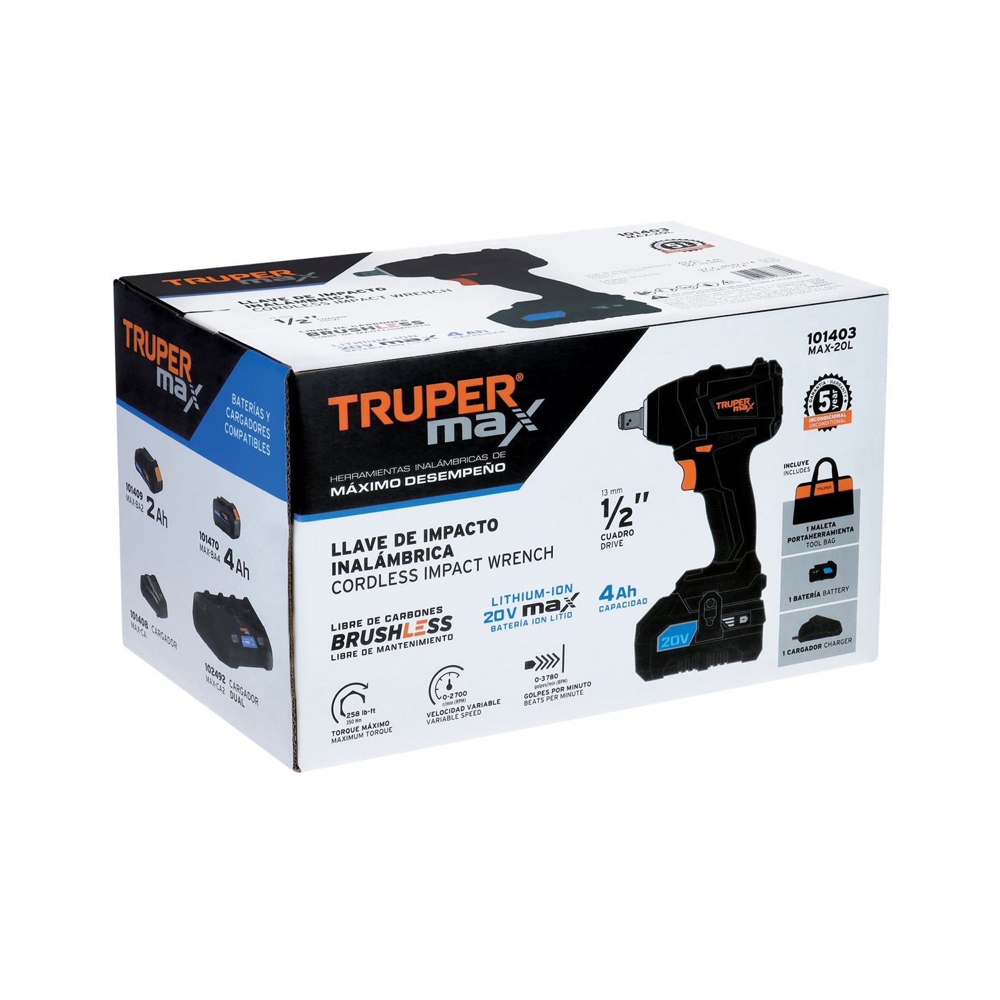 Llave de impacto 1/2", 20V, 155 lb/ft, 1 batería 4Ah, MAX