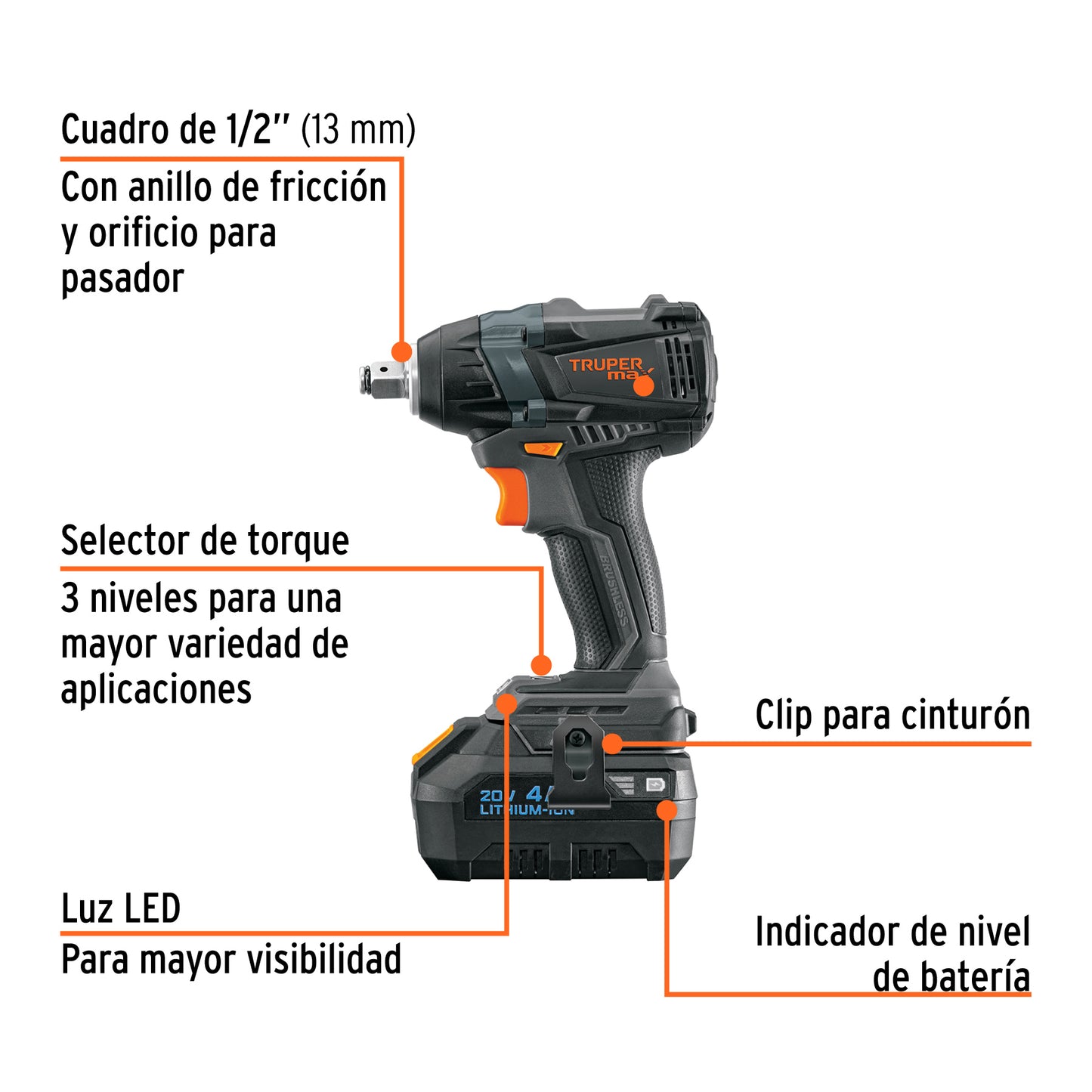 Llave de impacto 1/2", 20V, 155 lb/ft, 1 batería 4Ah, MAX