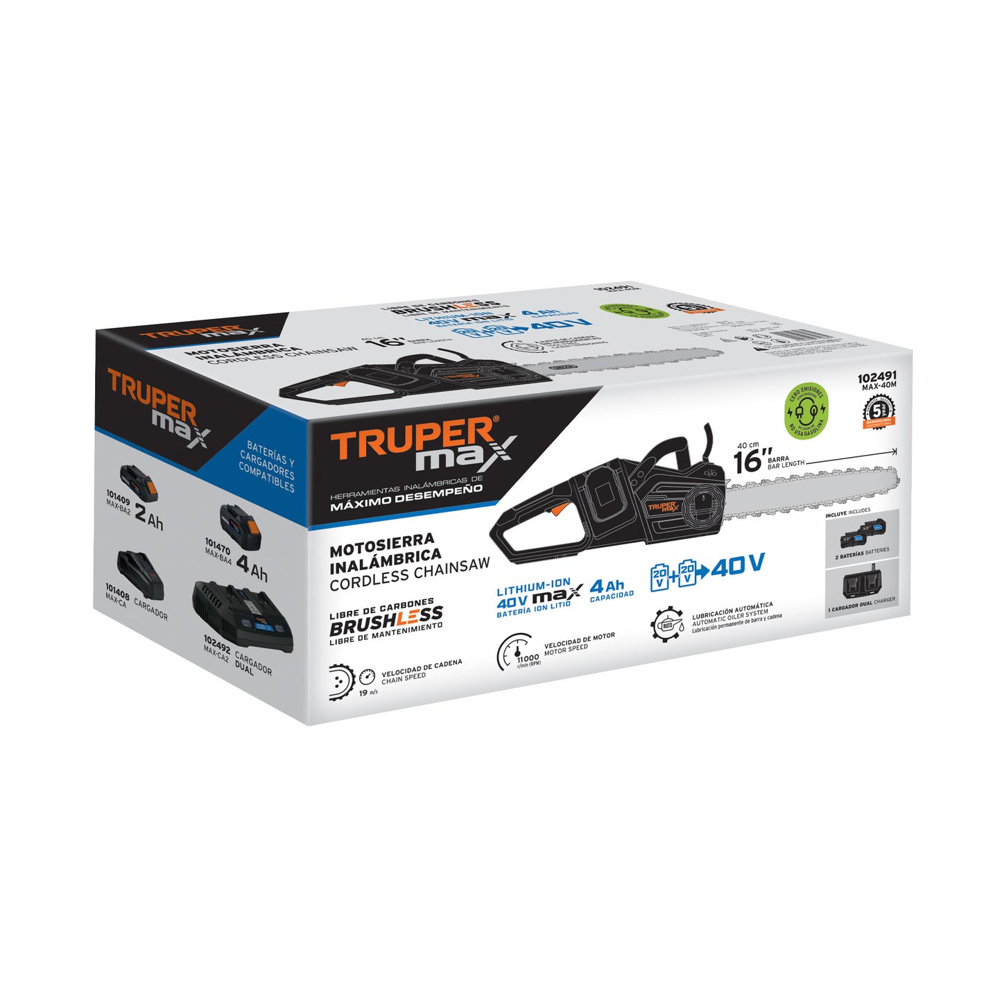 Motosierra inalámbrica 40V, sin carbones, TRUPER MAX