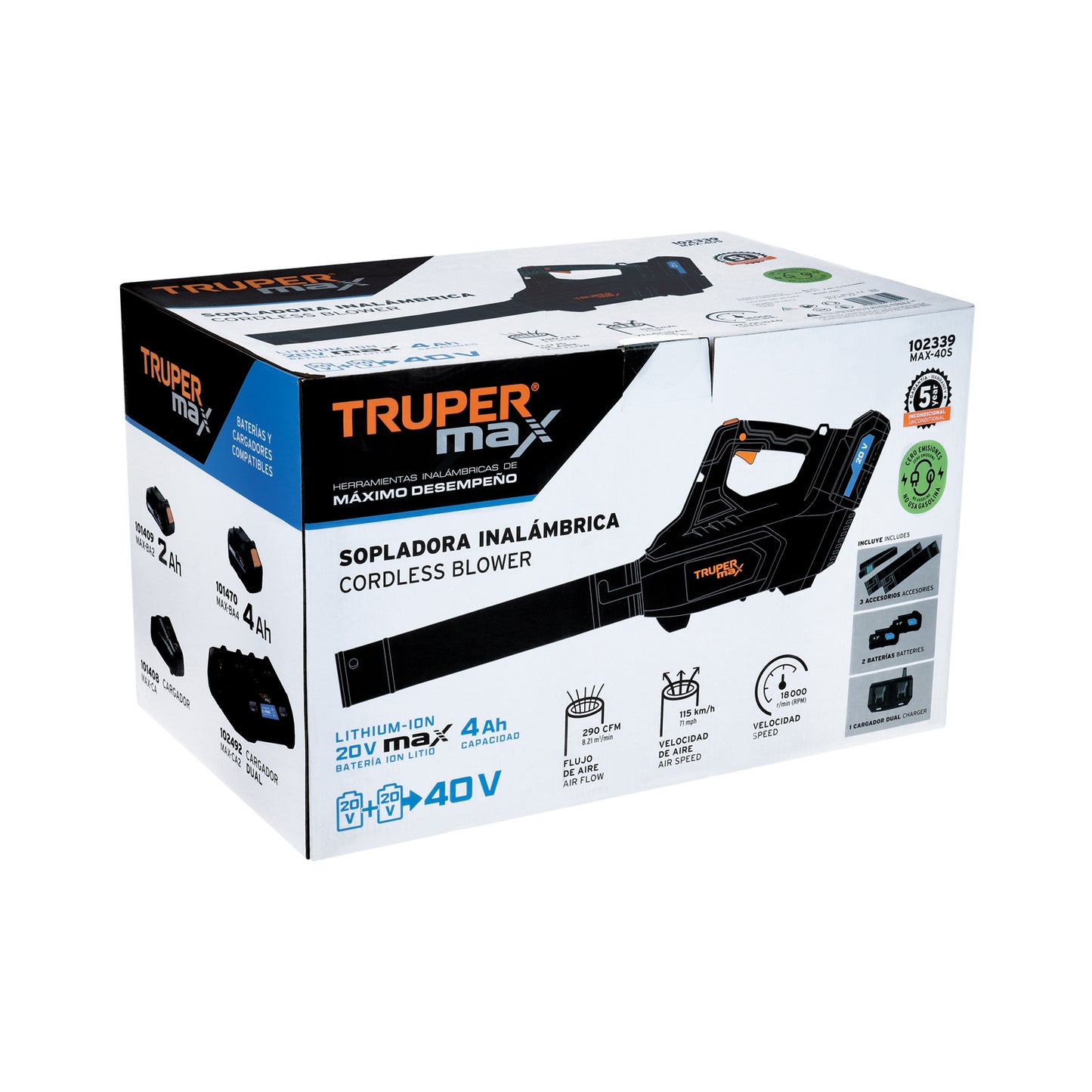 Sopladora inalámbrica 40V, 2 baterías 4Ah, 1 carg. dual, MAX
