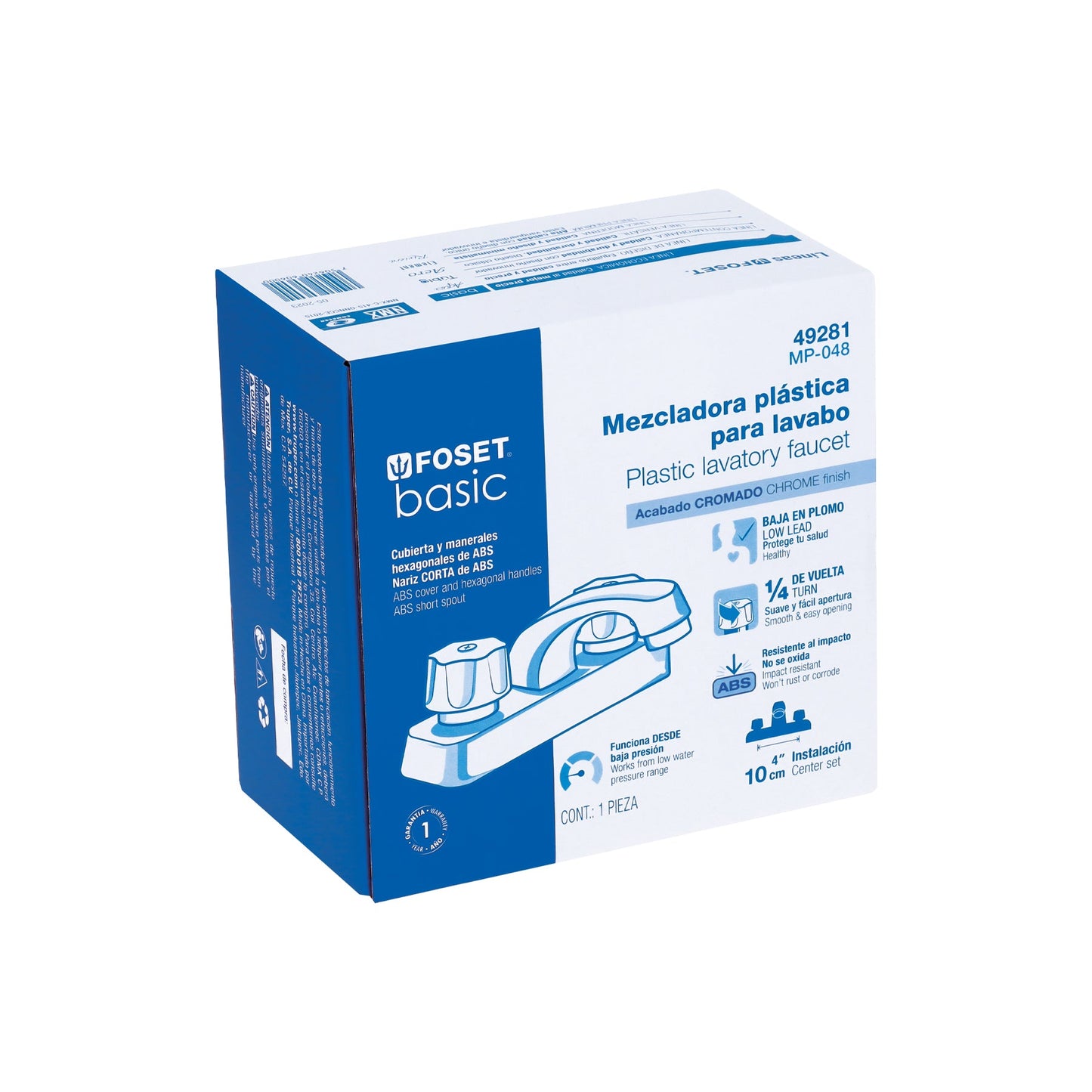 Mezcladora 4" lavabo, ABS, hexagonal, BASIC