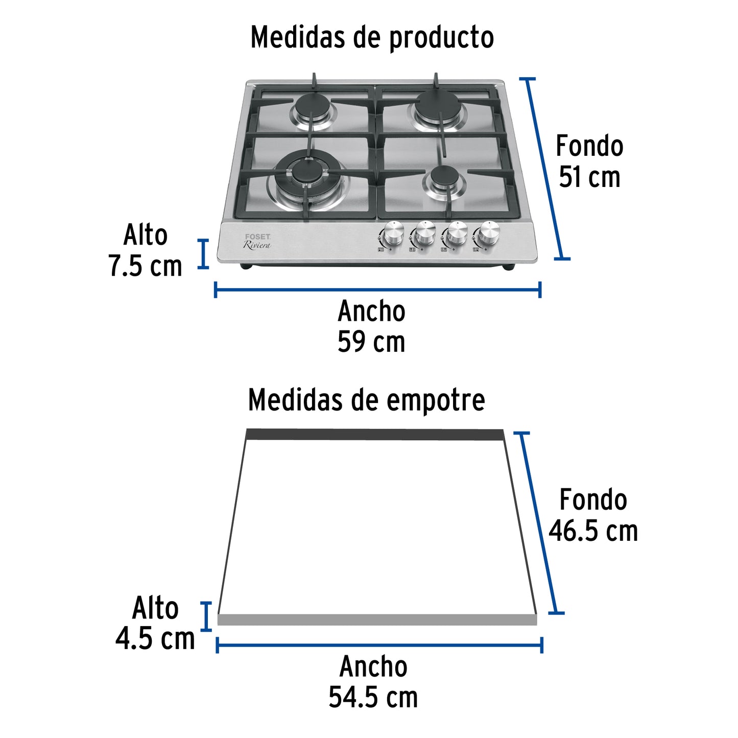Parrilla gas empotrable 60cm, 4 quem, acero inox, RIVIERA