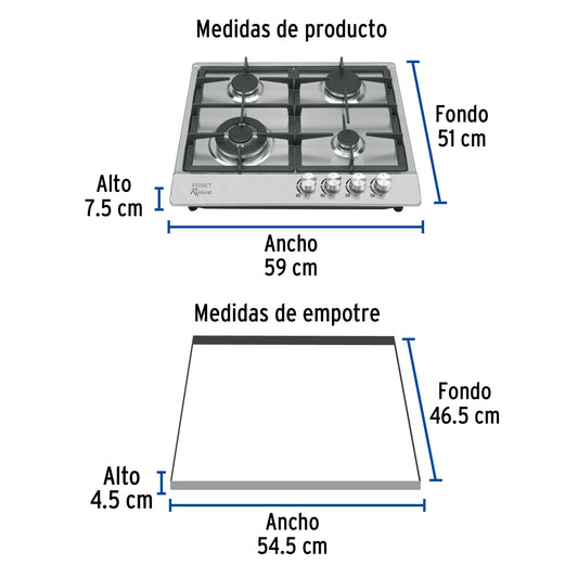 Parrilla gas empotrable 60cm, 4 quem, acero inox, RIVIERA