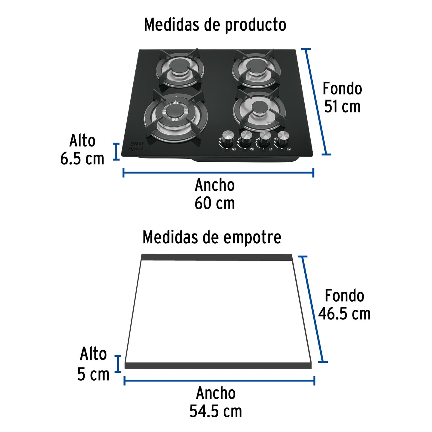 Parrilla gas empotrable 60cm, 4 quem, vidrio negro, RIVIERA