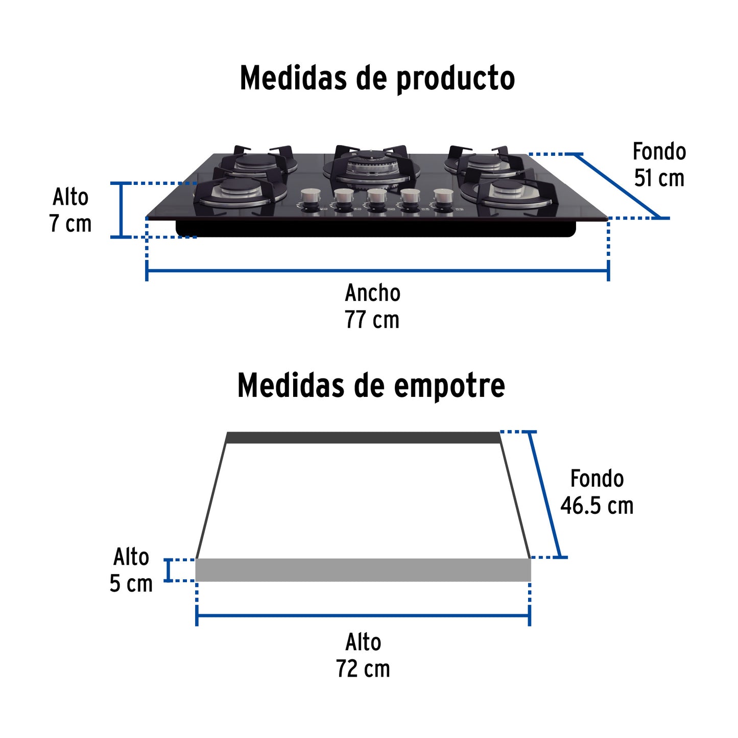Parrilla gas empotrable 75cm, 5 quem, vidrio negro, RIVIERA