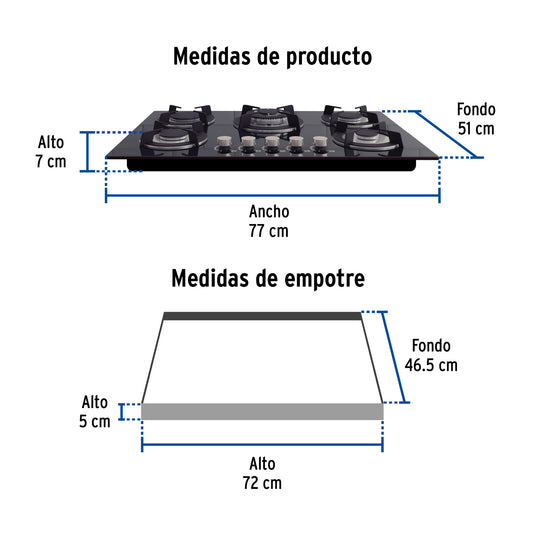 Parrilla gas empotrable 75cm, 5 quem, vidrio negro, RIVIERA