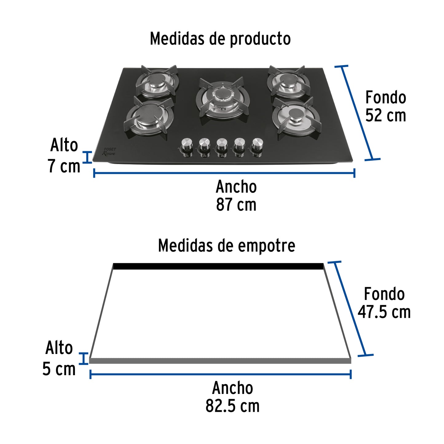 Parrilla gas empotrable 90cm, 5 quem, vidrio negro, RIVIERA