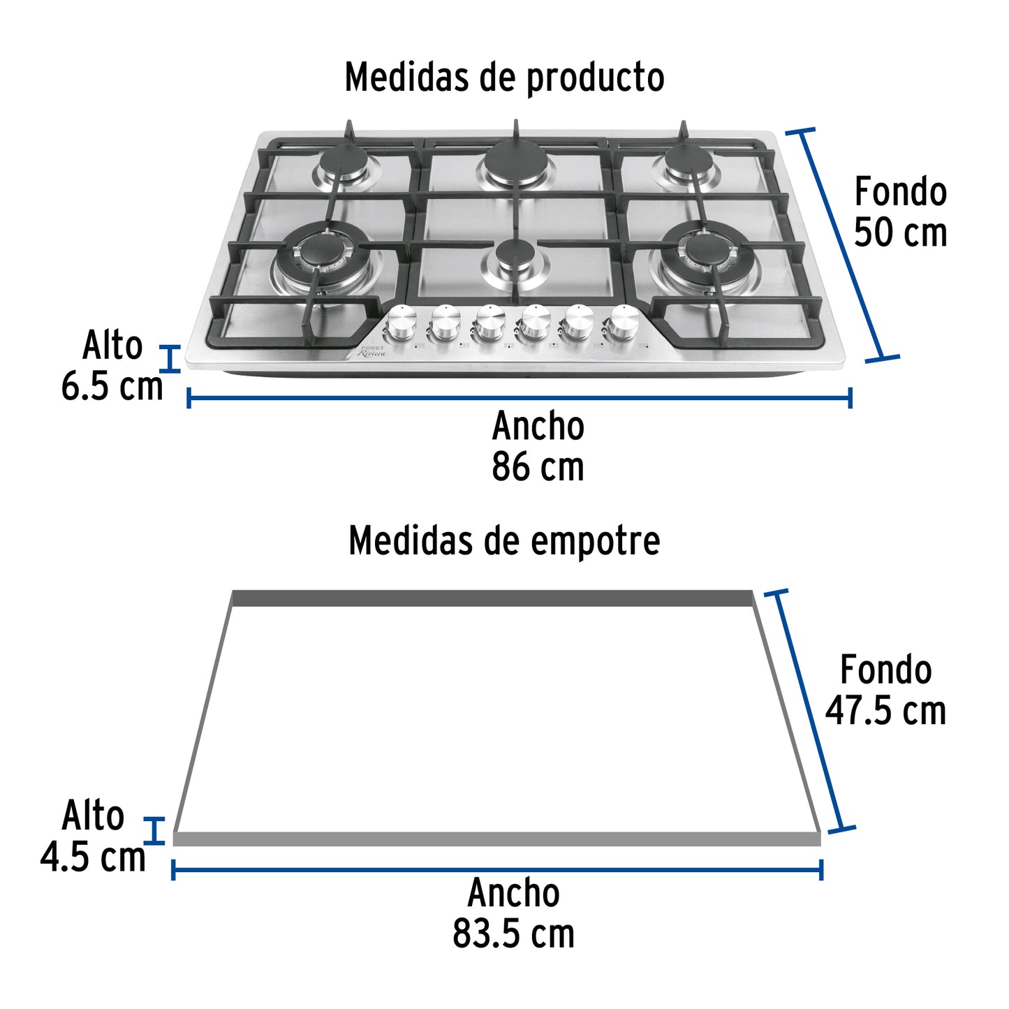 Parrilla gas empotrable 90cm, 6 quem, acero inox, RIVIERA