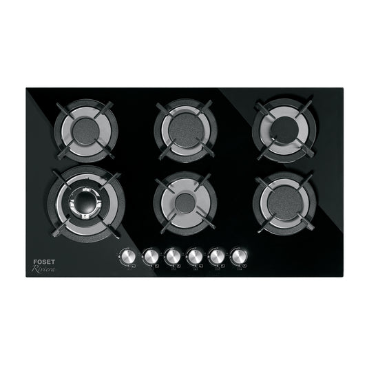 Parrilla gas empotrable 90cm, 6 quem, vidrio negro, RIVIERA