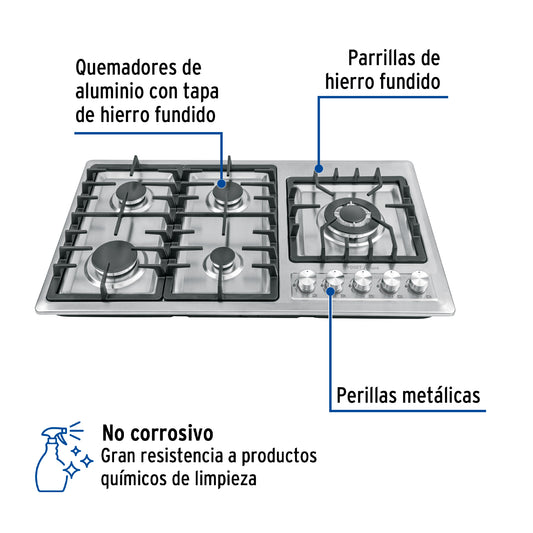 Parrilla gas empotrable 90cm, 5 quem, lateral, inox, RIVIERA