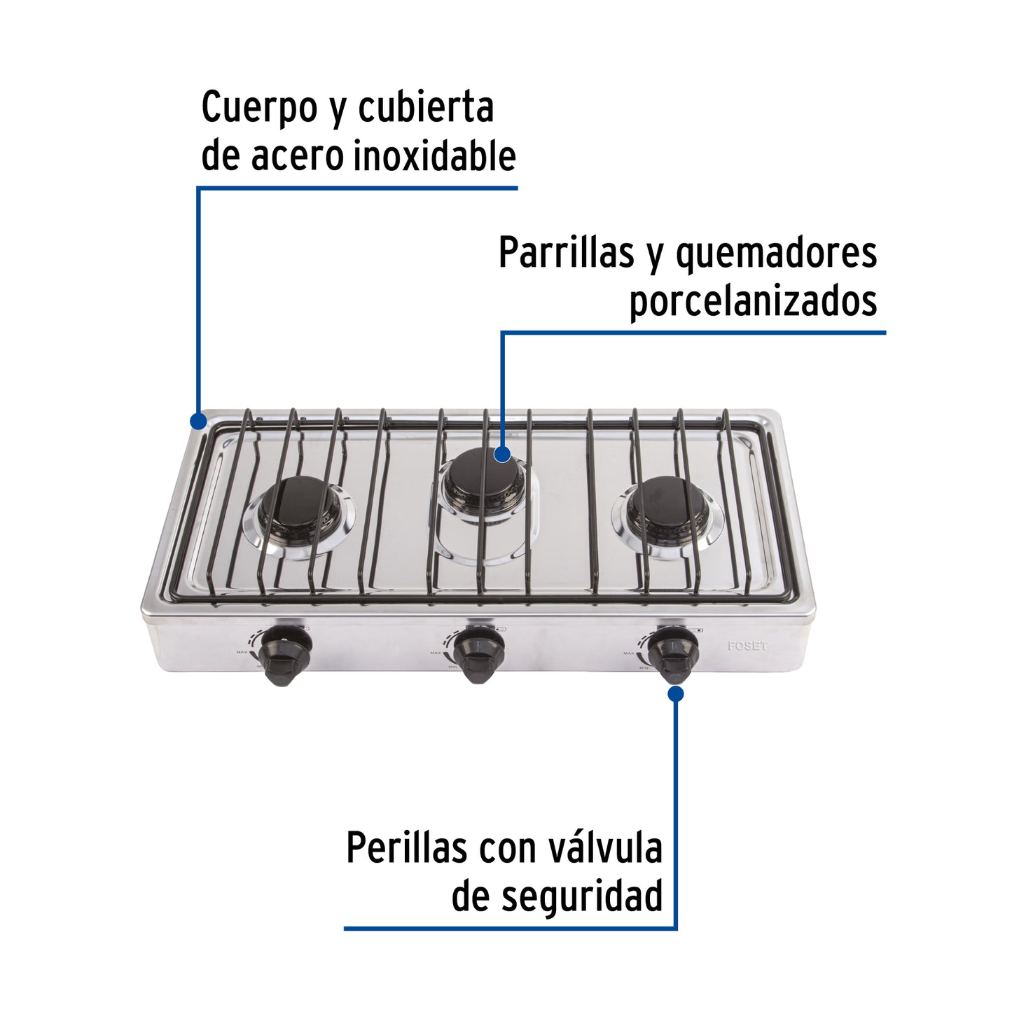 Parrilla de gas de sobreponer 3 quemadores, inox, FOSET