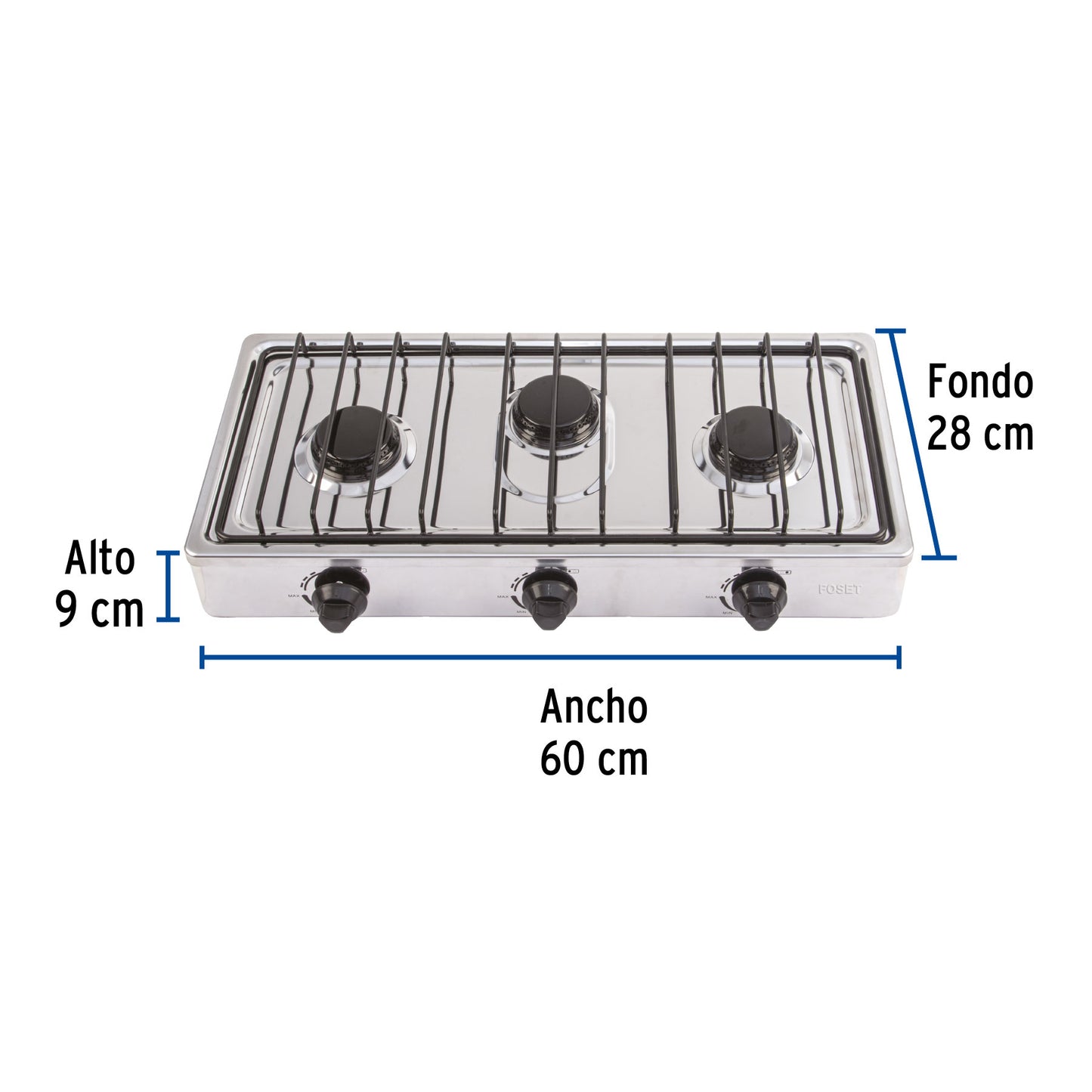 Parrilla de gas de sobreponer 3 quemadores, inox, FOSET
