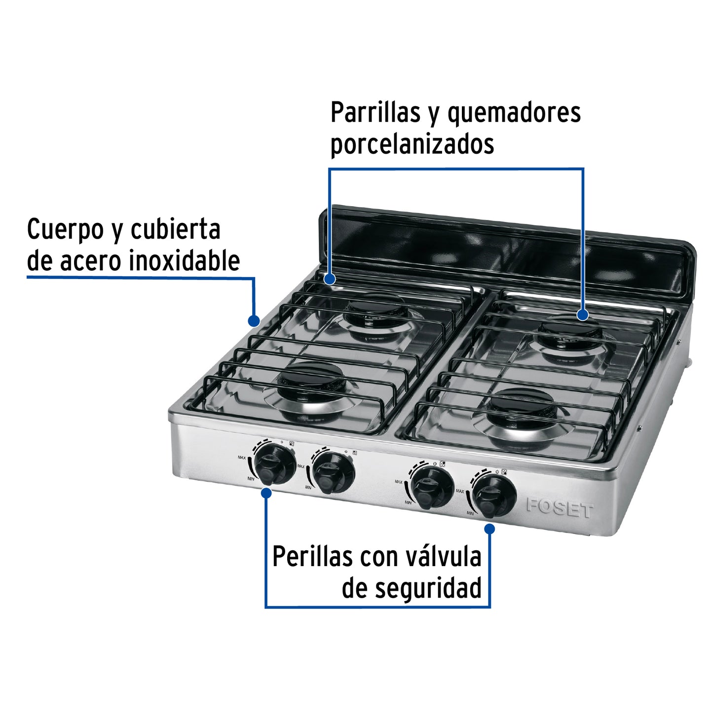 Parrilla de gas de sobreponer 4 quemadores, inox, FOSET
