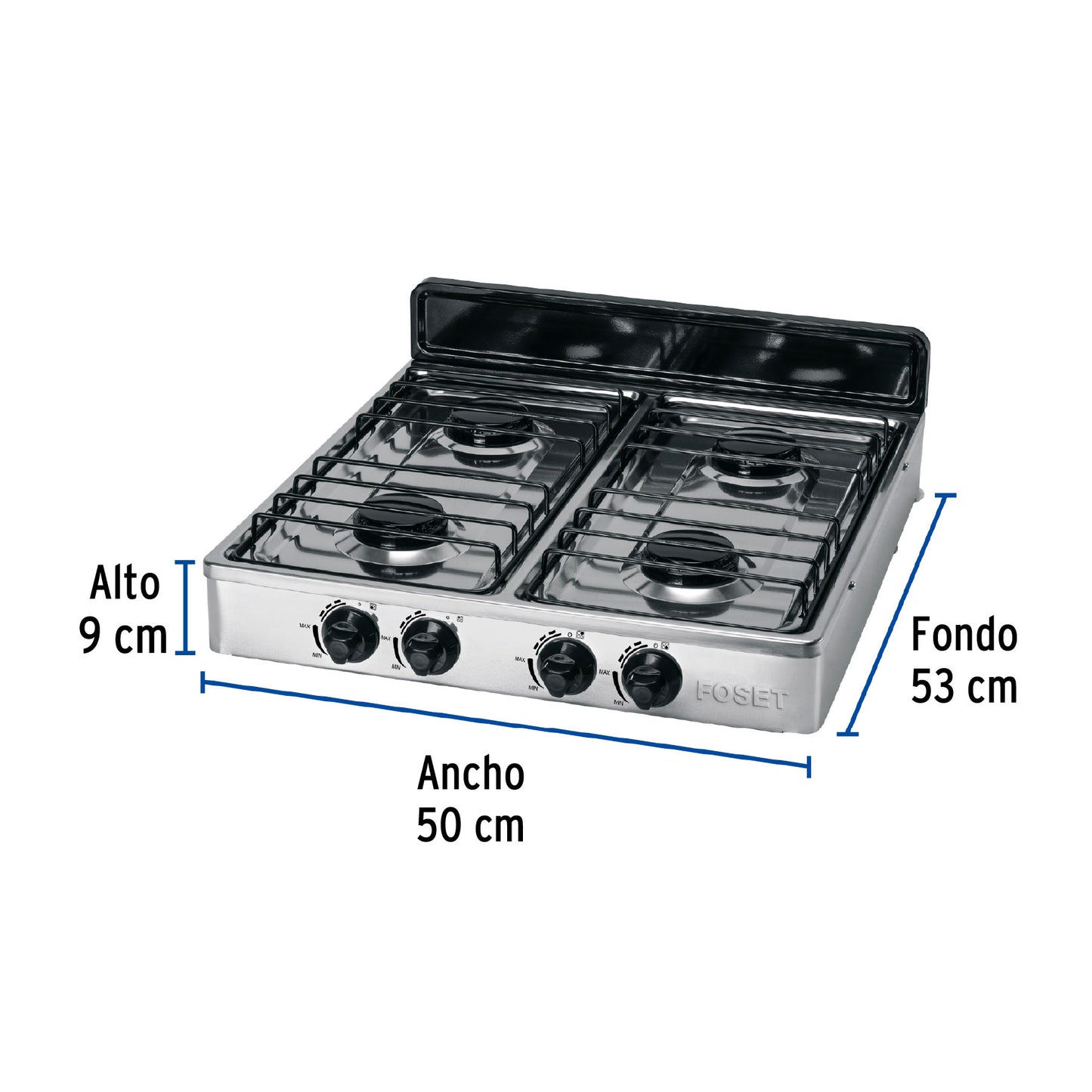 Parrilla de gas de sobreponer 4 quemadores, inox, FOSET