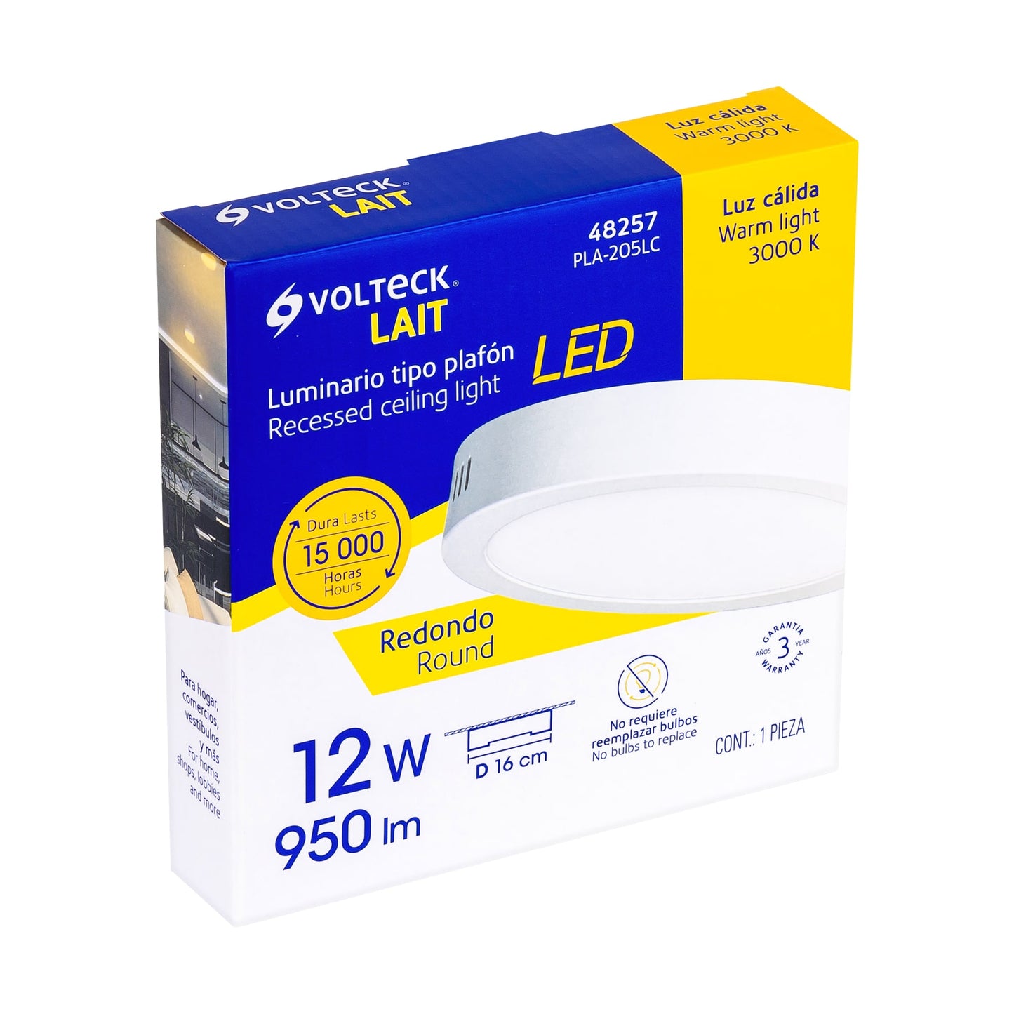 Luminario LED plafón Luz Calida 12W 3000K, redondo, blanco, VOLTECK
