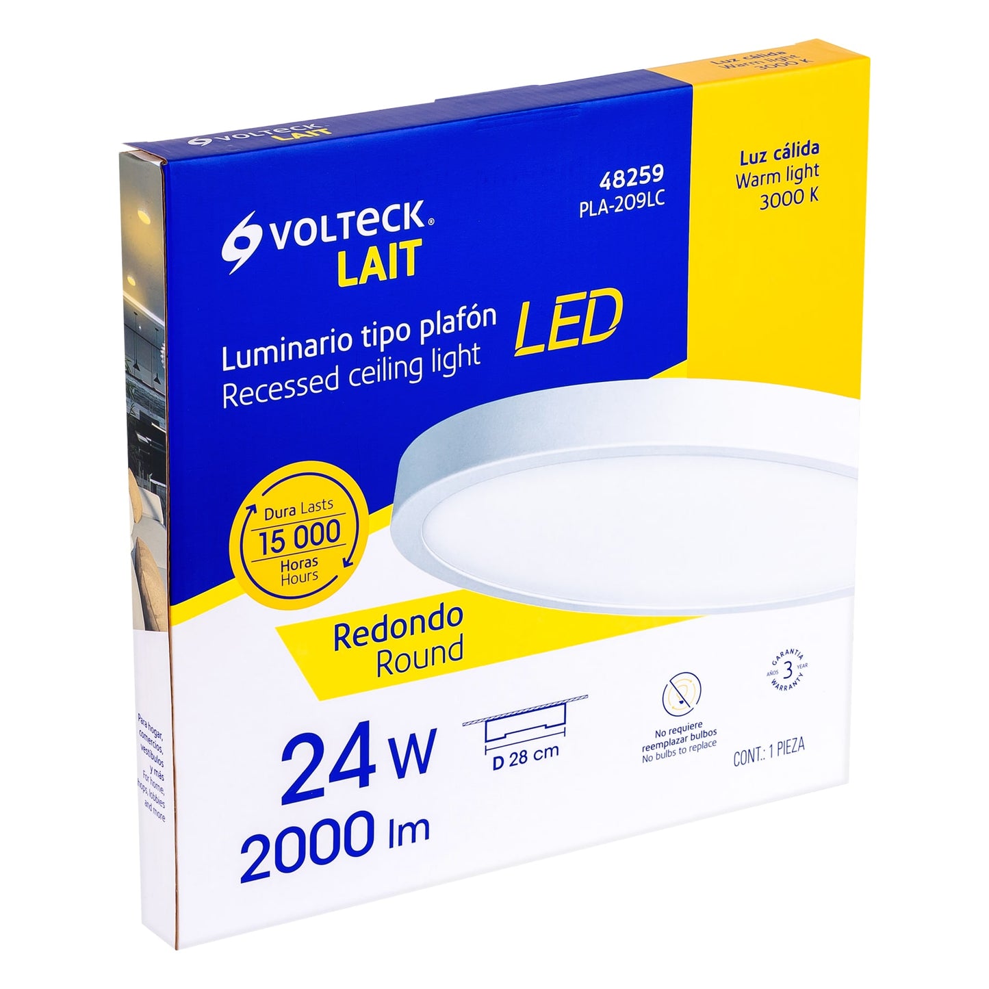 Luminario LED Luz Calida plafón 24W 3000K, redondo, blanco, VOLTECK