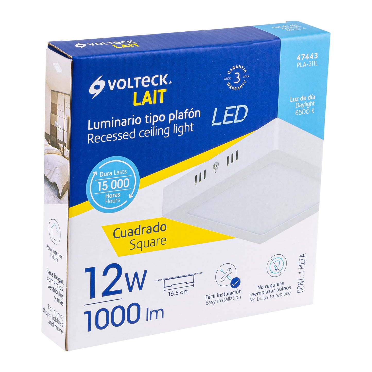 Luminario LED plafón 12W 6500K, cuadrado, blanco, VOLTECK