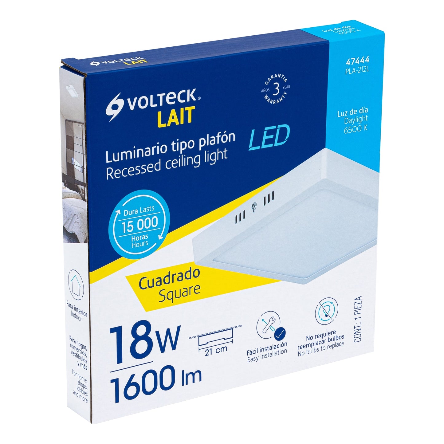 Luminario LED plafón 18W 6500K, cuadrado, blanco, VOLTECK