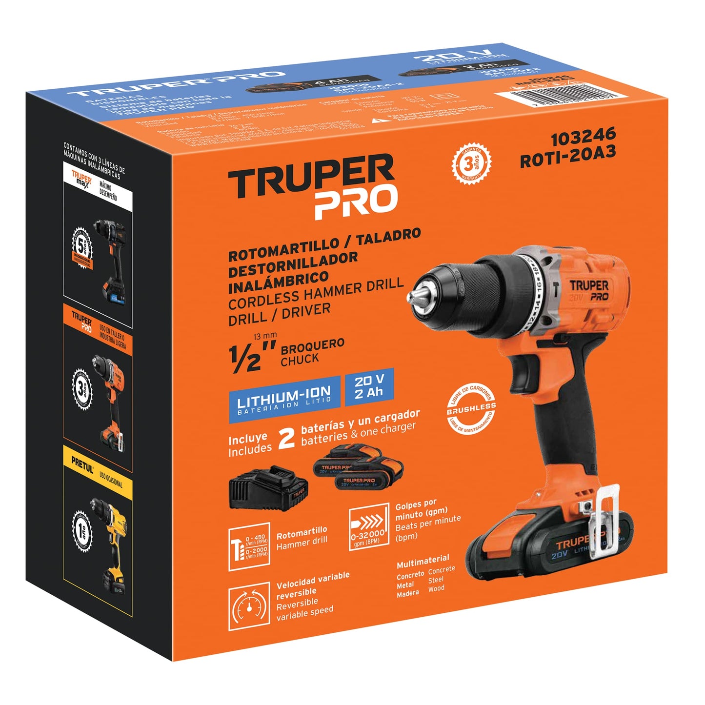 Rotomartillo 1/2", 20V, 2 baterías 2Ah, TRUPER PRO