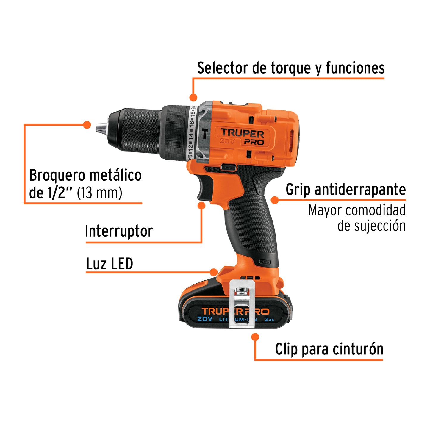 Rotomartillo 1/2", 20V, 2 baterías 2Ah, TRUPER PRO