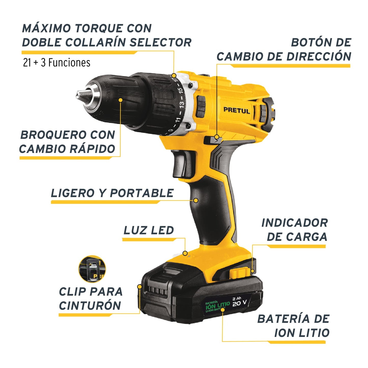 Rotomartillo 1/2", 20V, 1 batería 2Ah, PRETUL