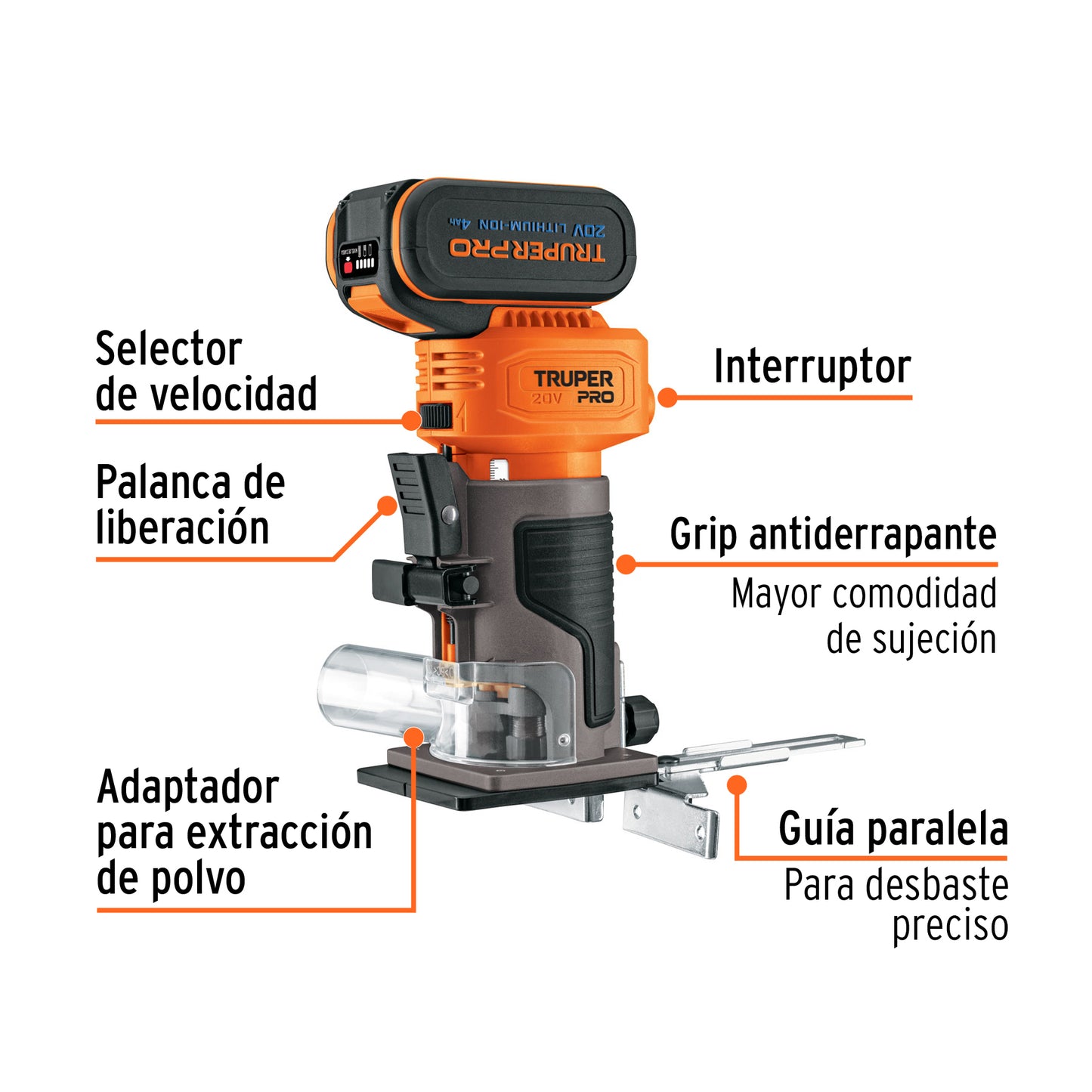 Router (Rebajadora) 1/4", 1 batería 4 Ah, TRUPER PRO