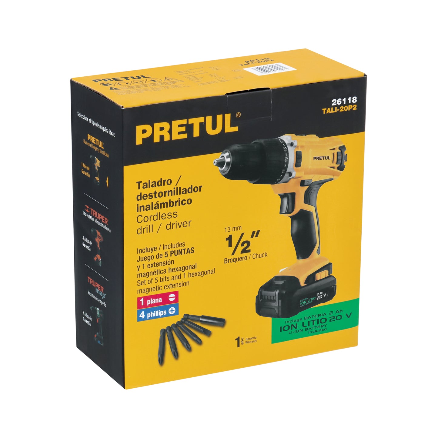 Taladro 1/2", 20V, 1 batería 2Ah, PRETUL