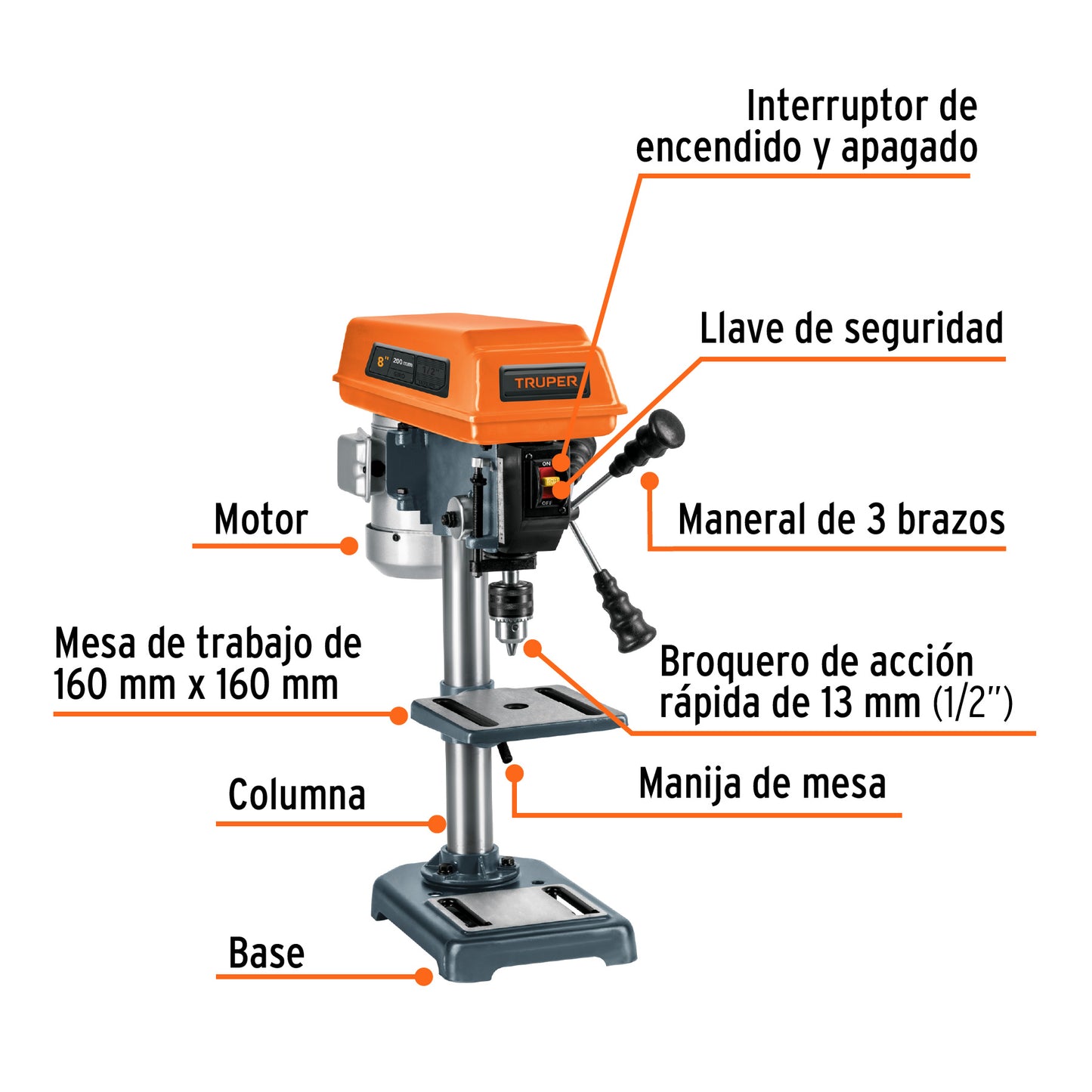 Taladro de piso 8", 1/3 HP (250 W), broquero 1/2", Truper