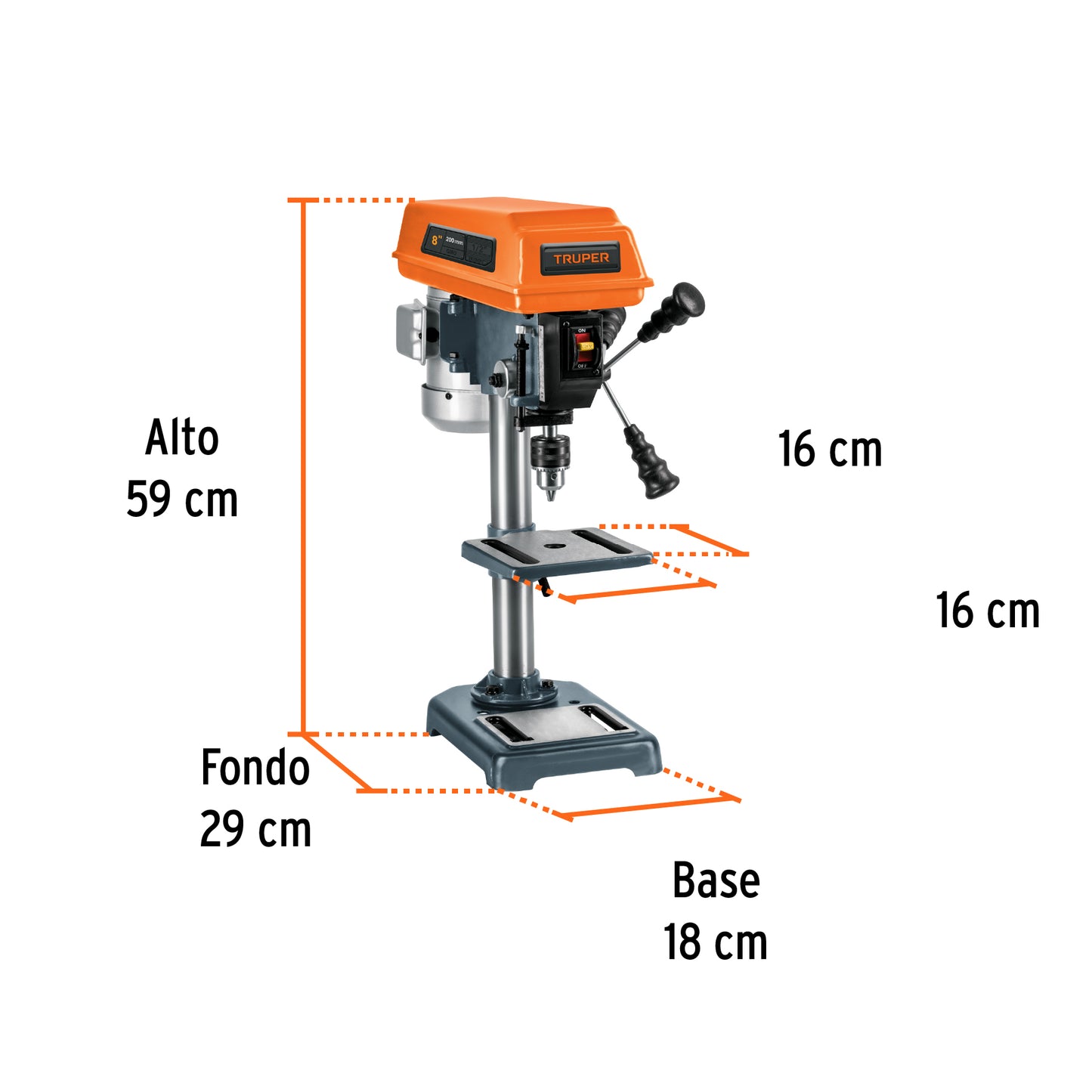 Taladro de piso 8", 1/3 HP (250 W), broquero 1/2", Truper
