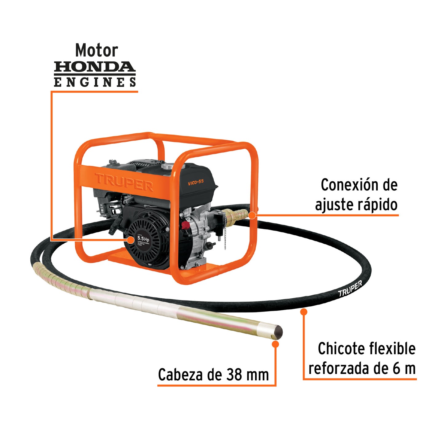 Vibrador para concreto con motor a gasolina, 5.5 HP, Truper